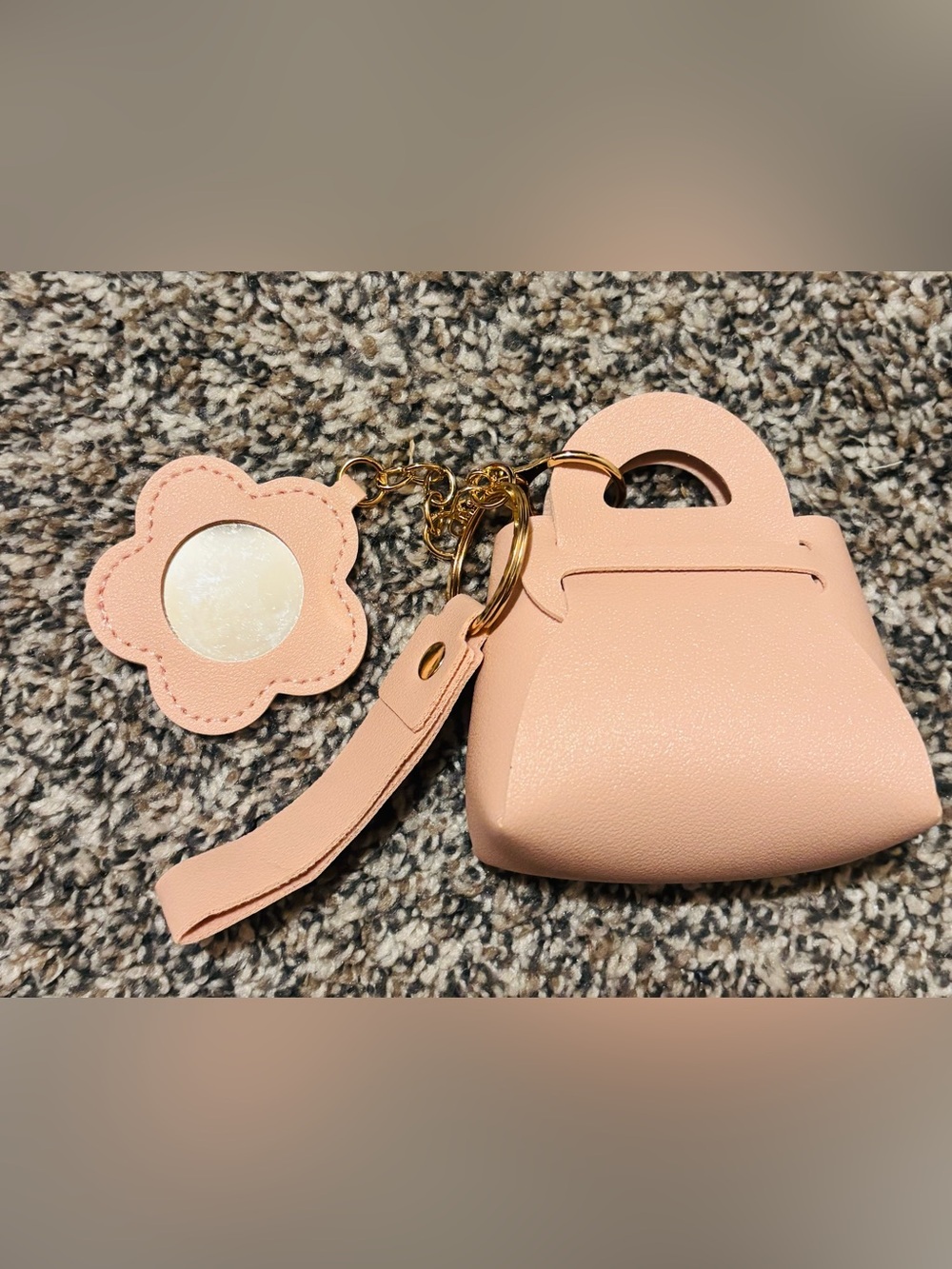 Blush Pink Mini Purse Keychain Coin Pouch Bag Charm With Flower Mirror
